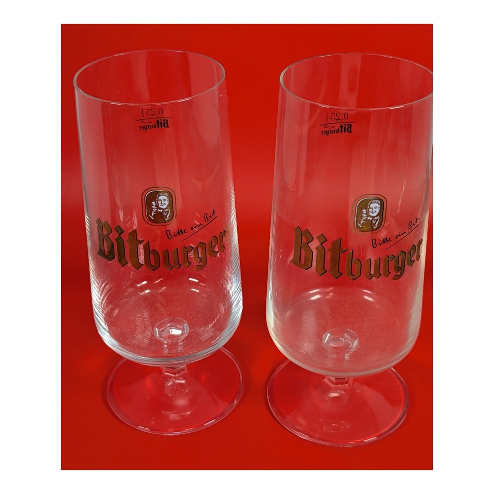 Bitburger Beer Glass Set of 2 Bitte ein Bit Stemmed Pilsner Glasses 0.25L 12oz